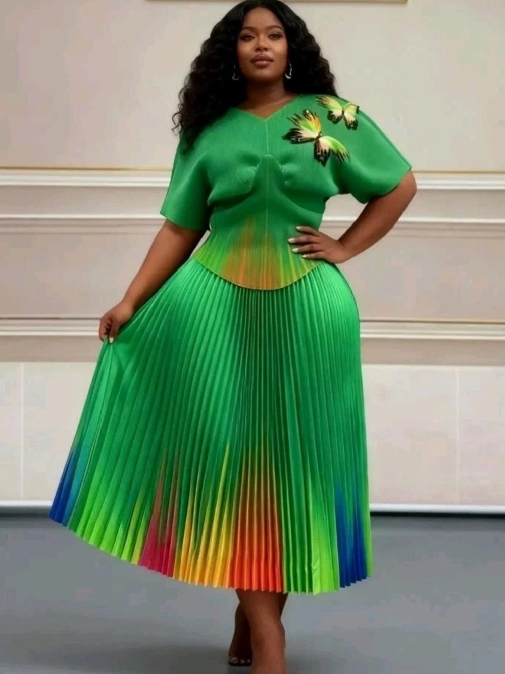 Green Pleated Midi Skirt with Rainbow Hem - Women Skirts